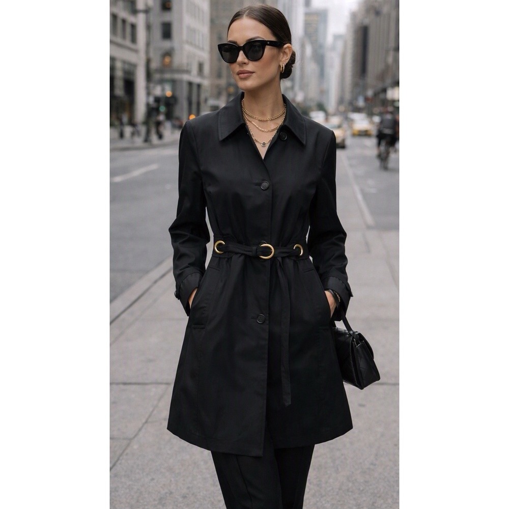 Women's Black Trench Coat Medium - Gold Ring Belt
